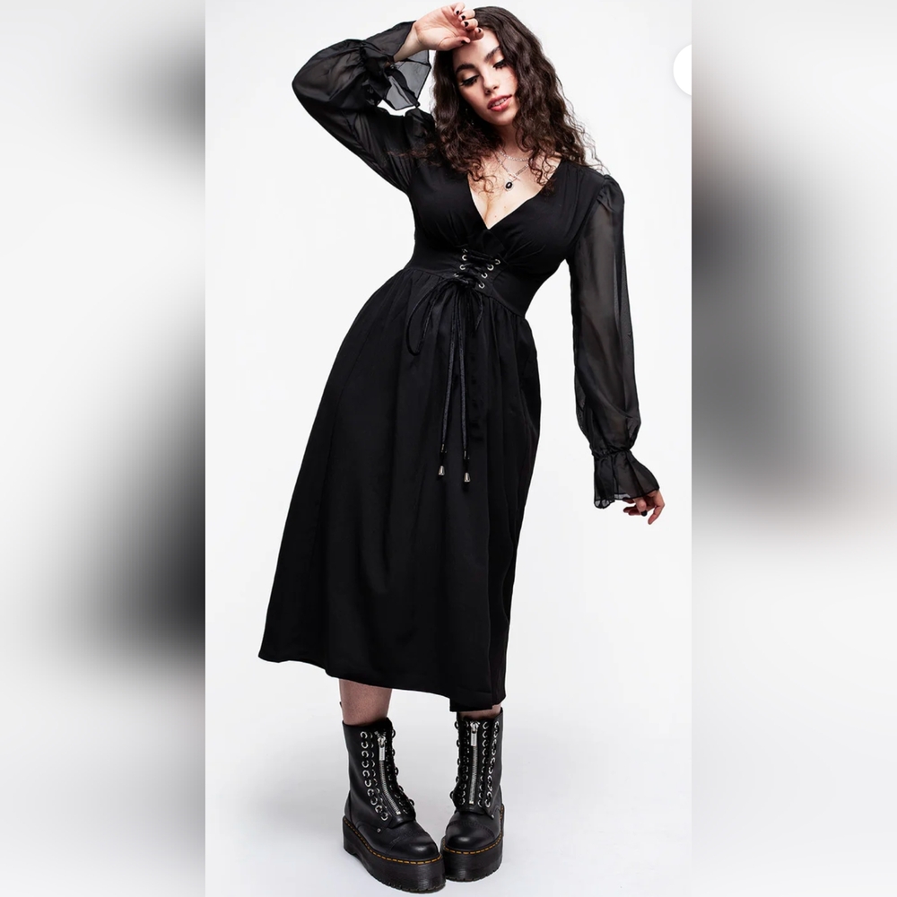 DISTURBIA Banished Lace Up Sheer Sleeve Midi Dress Sz US 16 UK 20 NWT Gothic
